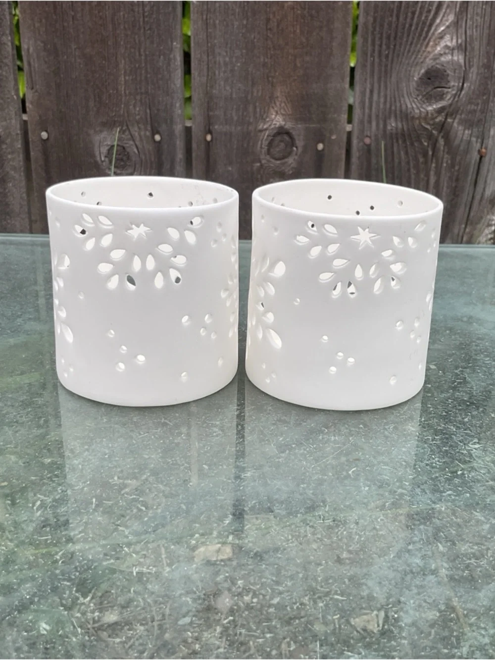 Crate&Barrel White Ceramic Cutout Candle Holders — Pair
